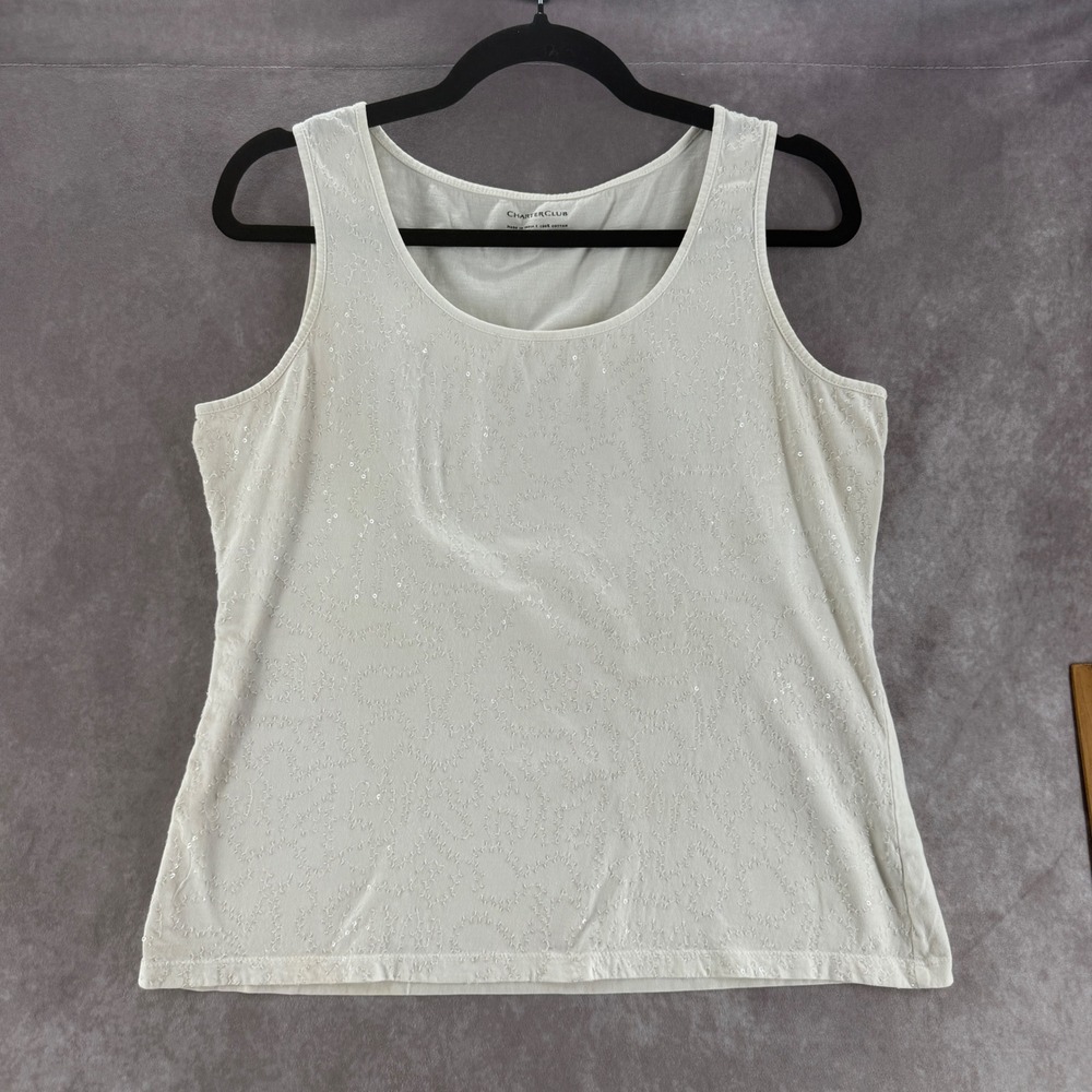Charter Club Womens White Cotton Embroidered Sequin Tank Top Size L Scoop Neck